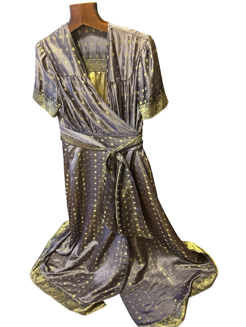 Purple 100% silk and  size L Satin Wrap Dress with Gold Motif ,custom made